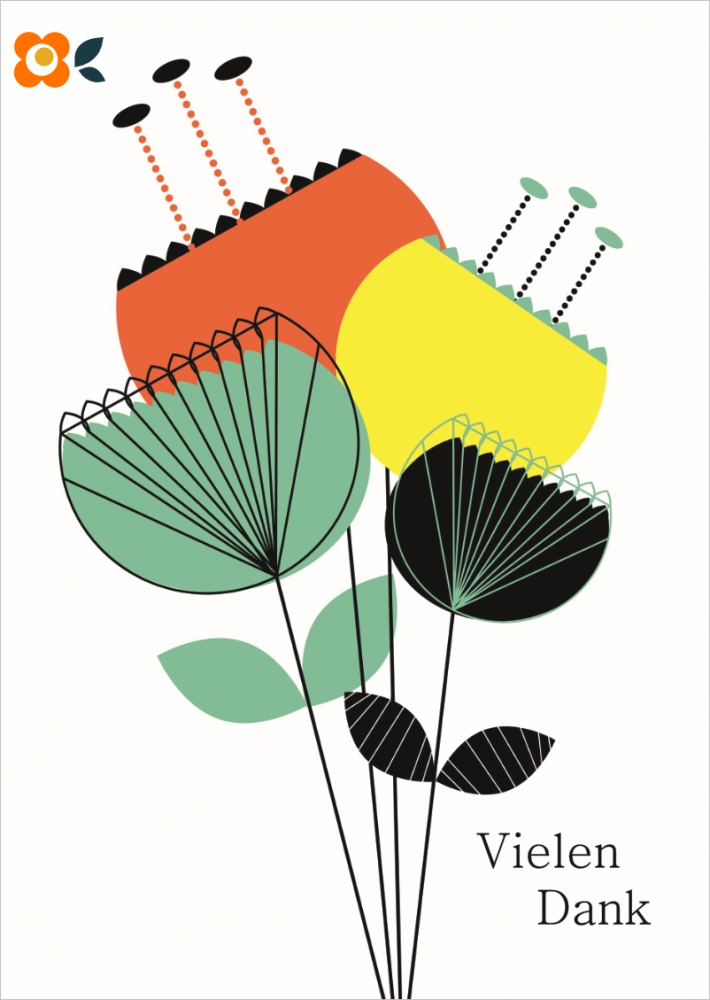 Postkarte Vielen Dank, 60er Blumen